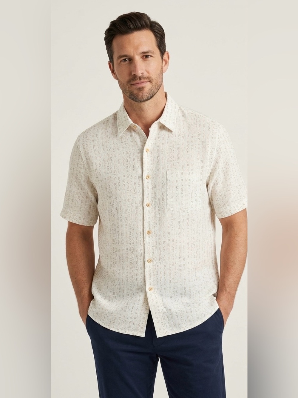 Tasso Elba Mens Silk Linen Blend Button Down Shirt Beige Pattern Short Sleeve XL